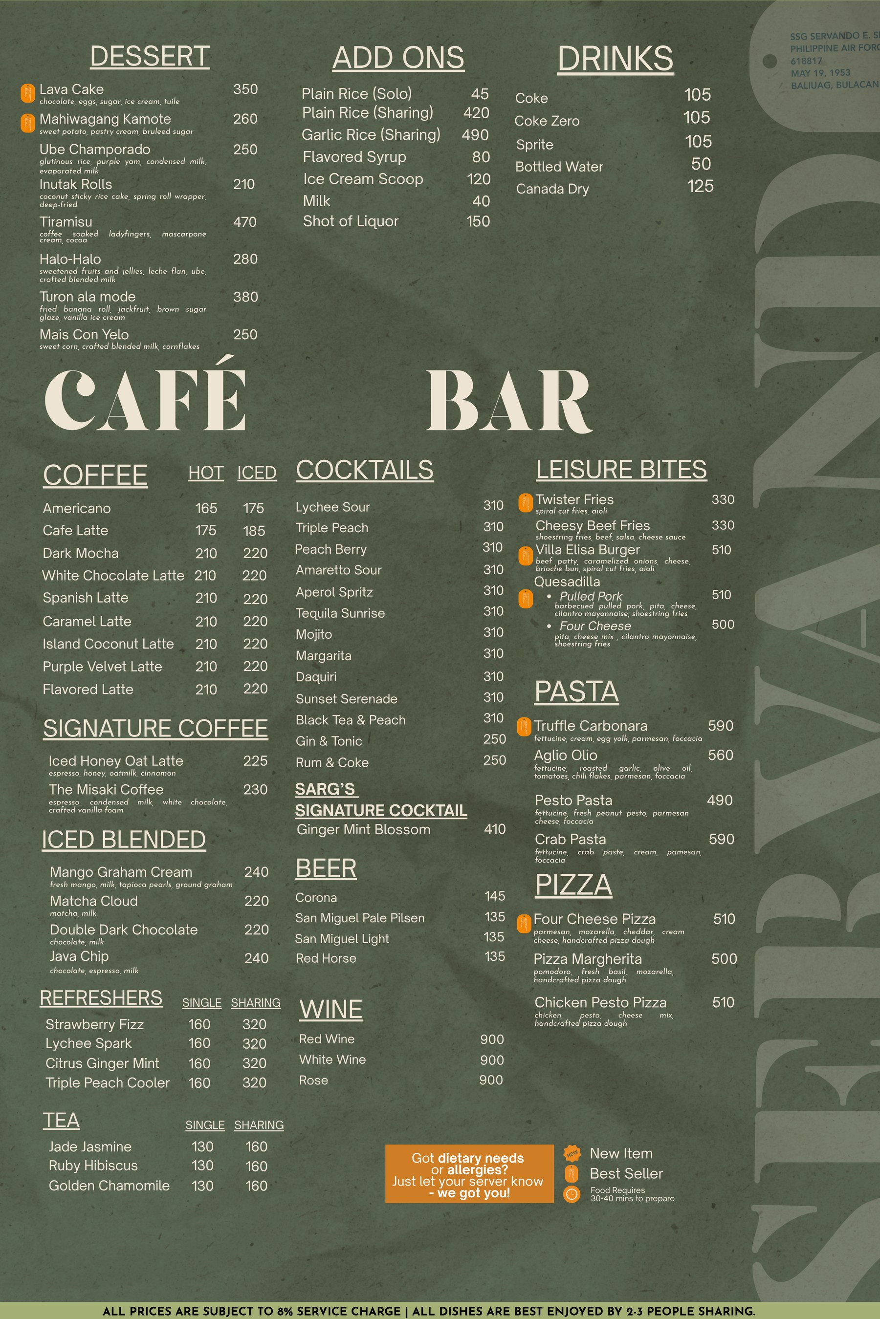 Servando Anilao menu, page 2: dessert, add ons, drinks, coffee, cocktails, beer, wine, leisure bites, pasta, pizza