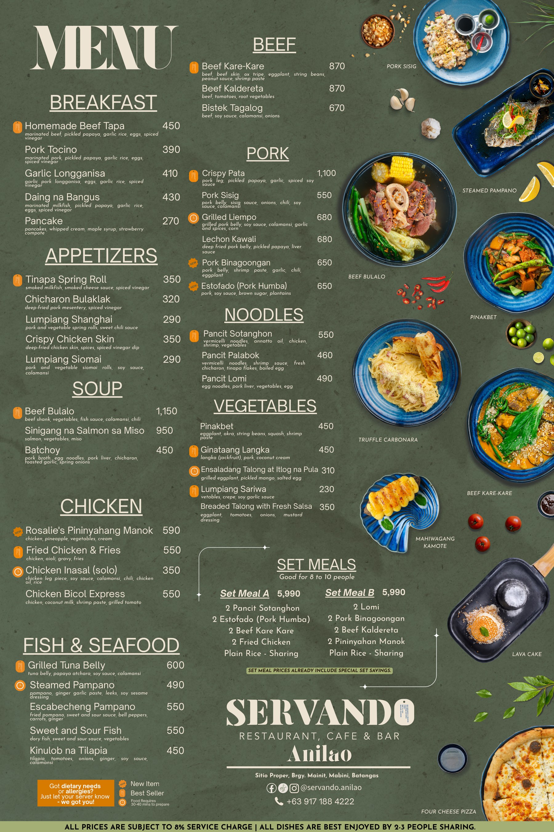 Servando Anilao menu, page 1: breakfast, appetizers, soup, chicken, fish, beef, pork, noodles, vegetables, set meals